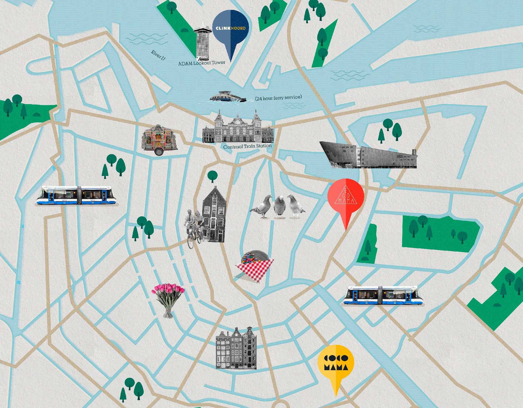 Mappa della città di Amsterdam con ClinkNOORD, Ecomama, Cocomama e attrazioni turistiche