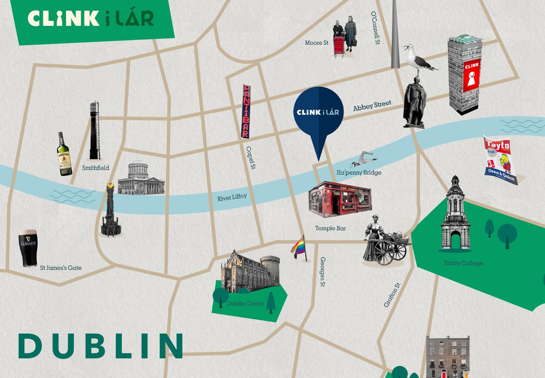 Um mapa da cidade de Dublin com as principais atracções e a localização do Clink i Lar