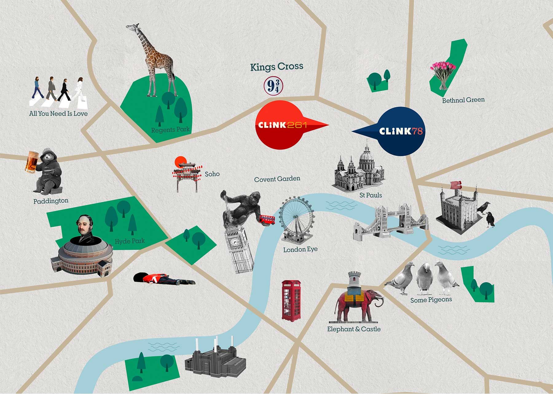 Die Attraktionen von London City, zusammen mit Clink 261 und Clink 78 auf der Karte