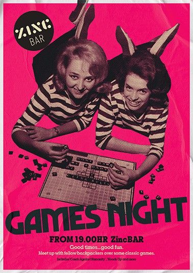 um cartaz do hostel ClinkNOORD em Amesterdão para uma noite de jogos no Zinc Bar 