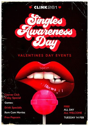 Arte para o "dia da consciencialização dos solteiros" a coincidir com o Dia dos Namorados, com lábios com batom e um chupa-chupa