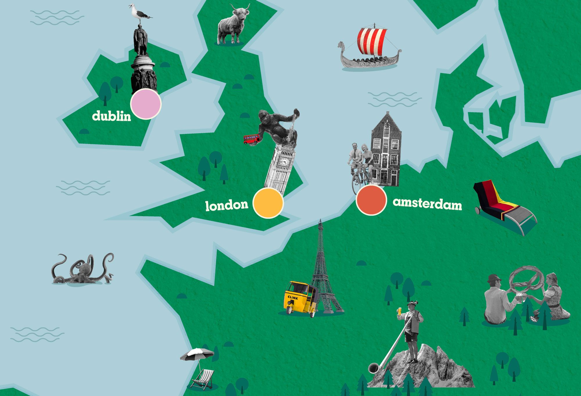 un mapa que muestra las distintas ubicaciones de Clink Hostels en el continente europeo, como Londres, Ámsterdam y Dublín.