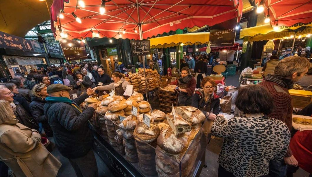 a market in london with many visitors