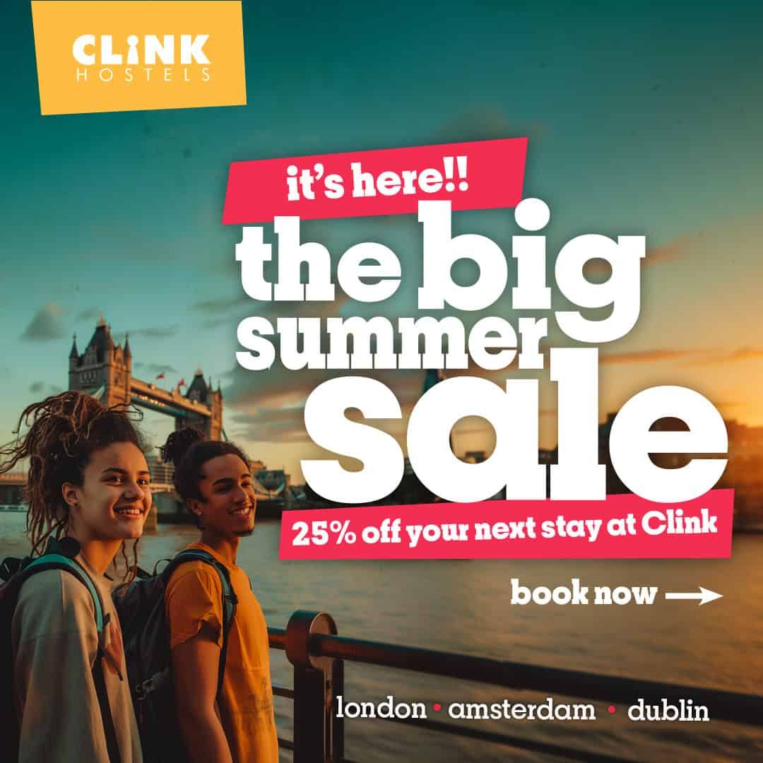save 25% on stays in Dublin, Amsterdam and London with Clink's Summer Sale! Ends May 31st 2024.