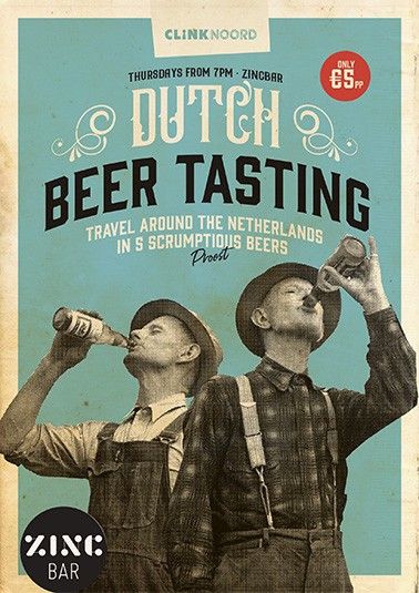 la locandina della degustazione di birra olandese all'ostello ClinkNOORD di Amsterdam con due persone che si godono una bevanda.