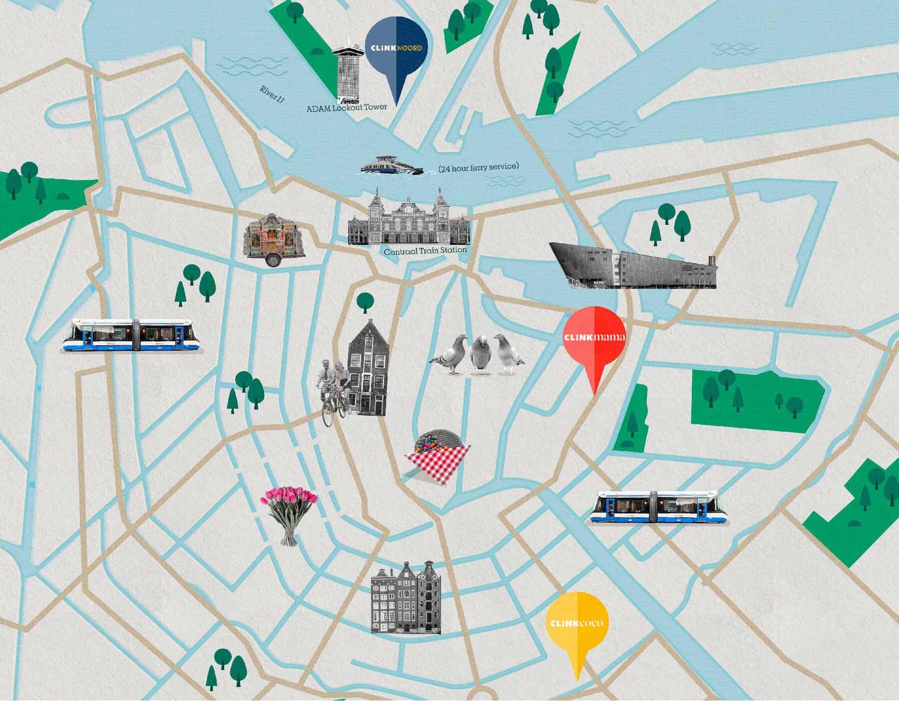Mapa da cidade de Amesterdão com ClinkNOORD, ClinkMama, ClinkCoco e atracções turísticas