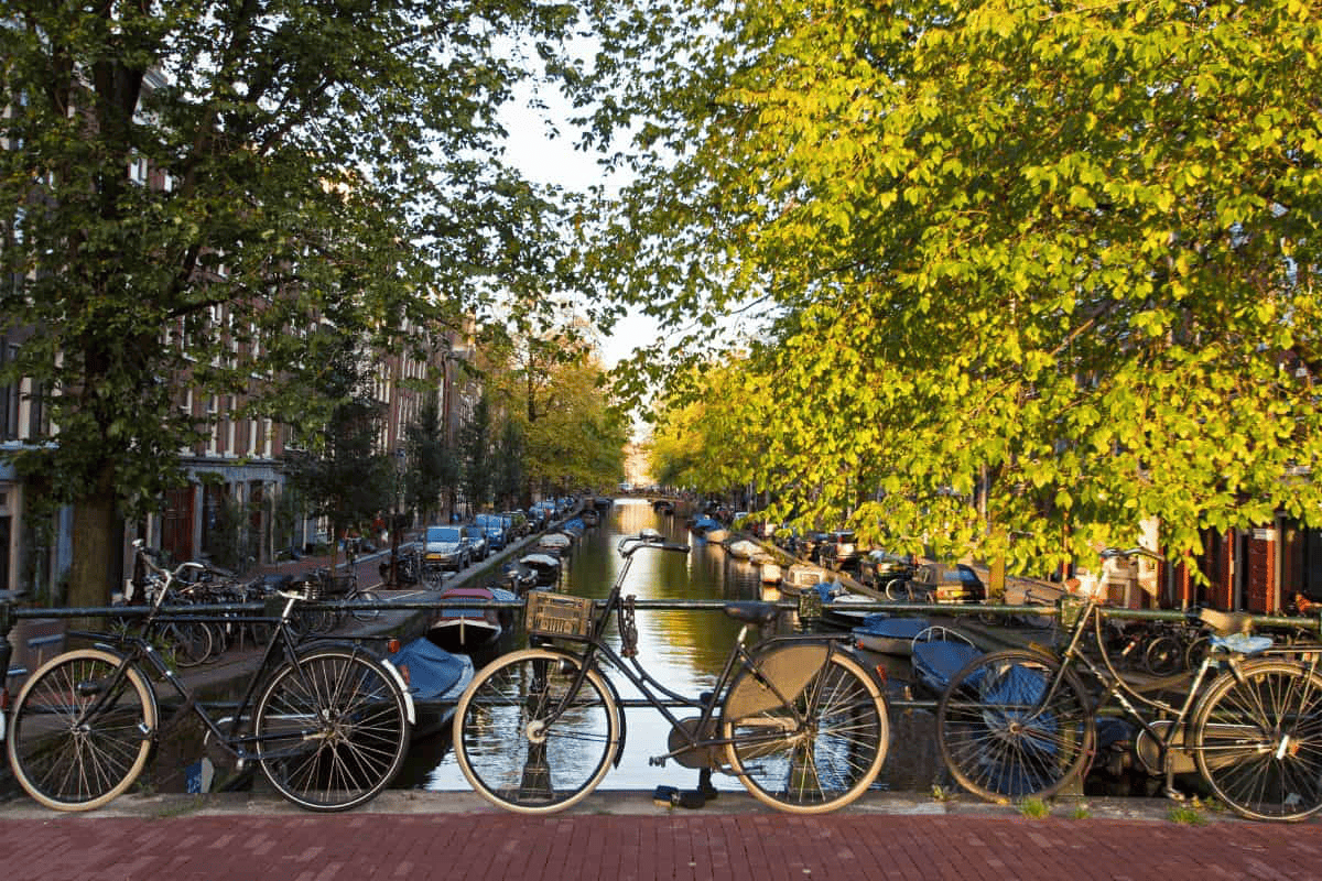 Row of bikes overlooking Amsterdam canal