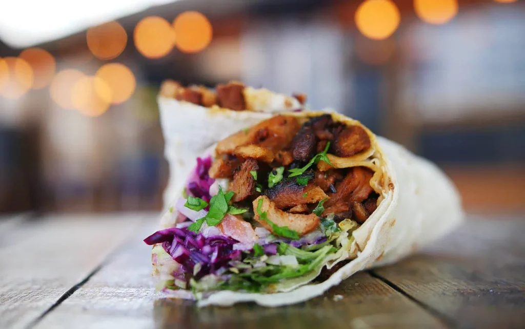 Closeup of a vegan pitta wrap from What the Pitta?