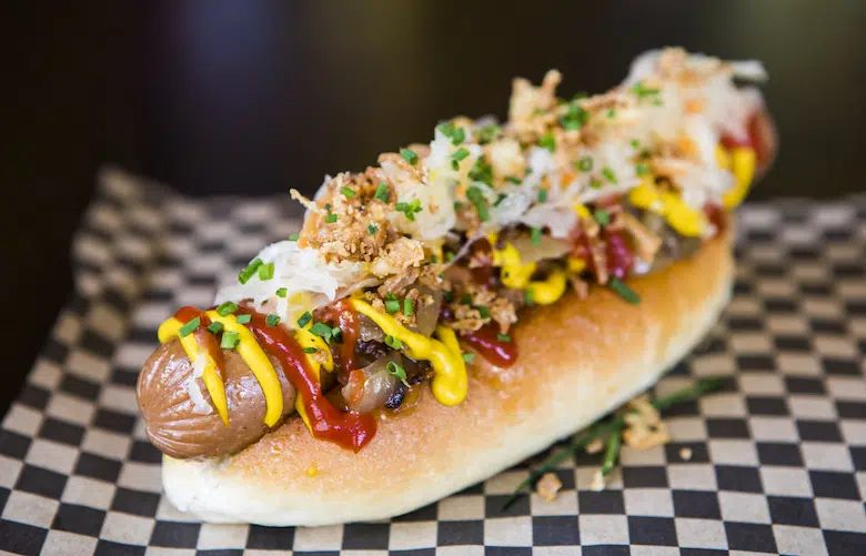 American style vegan hotdog from Rudy's Dirty Vegan Diner