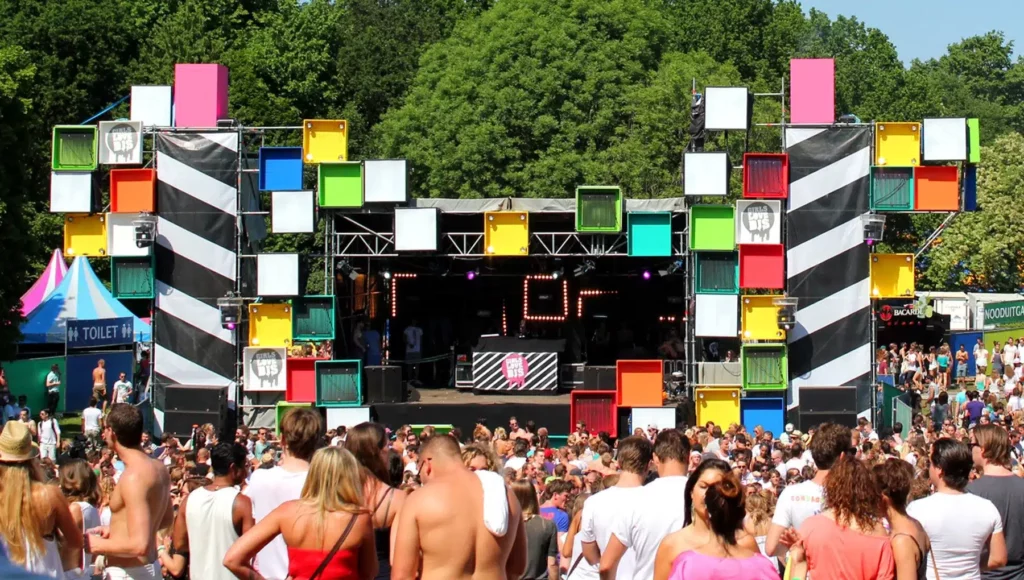 Colourful concert stage at Amsterdam Open Air (AOA) in Amsterdam's Gaasperpark