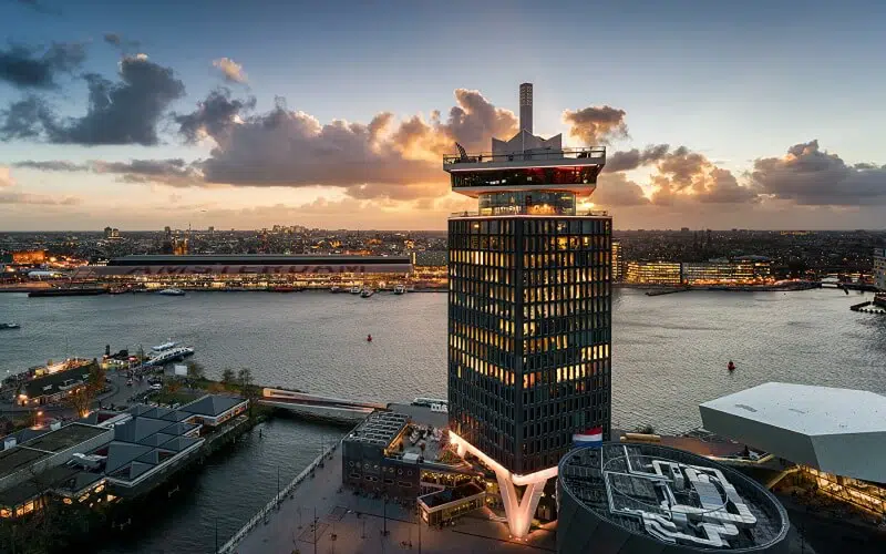 the a'dam tower in amsterdam noord overlooking centraal station