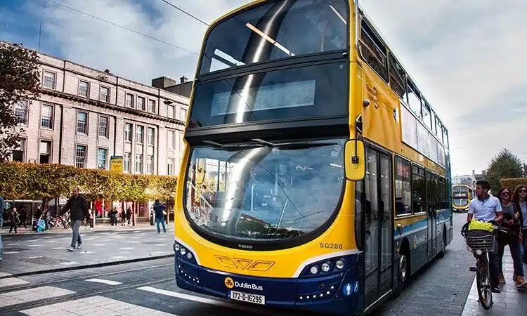 Yellow and blue Dublin bus