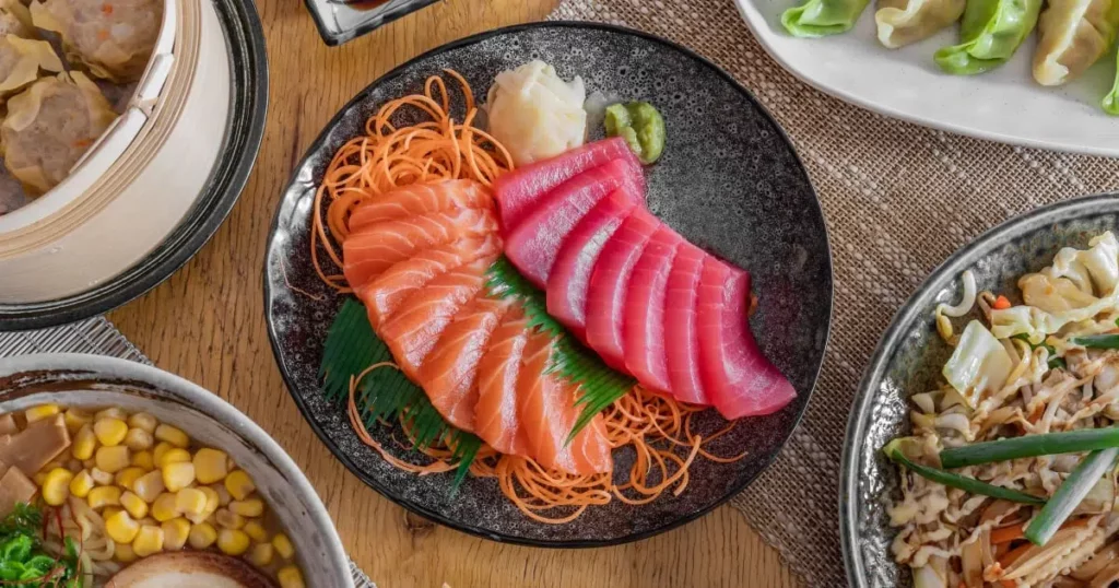 fish, vegetable and sushi dishes from M&D Japanese Restaurant in London