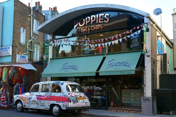 Outside the 40's themed Poppie's Fish & Chips