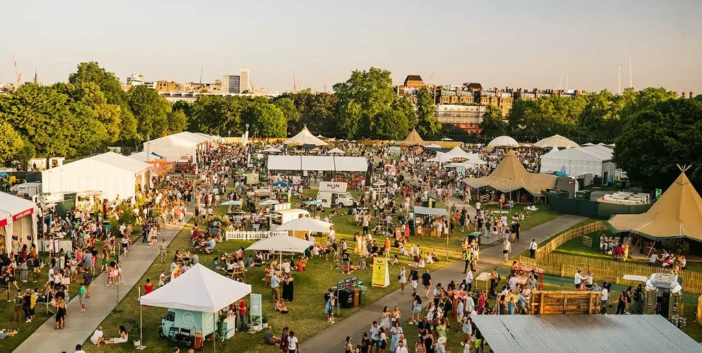 Aerial view of the crowds and activities at the Taste of London annual food festival