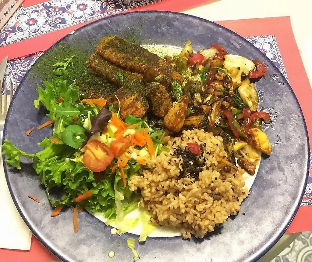 Plate of food from TerraZen a Japanese / Caribbean fusion vegan restaurant